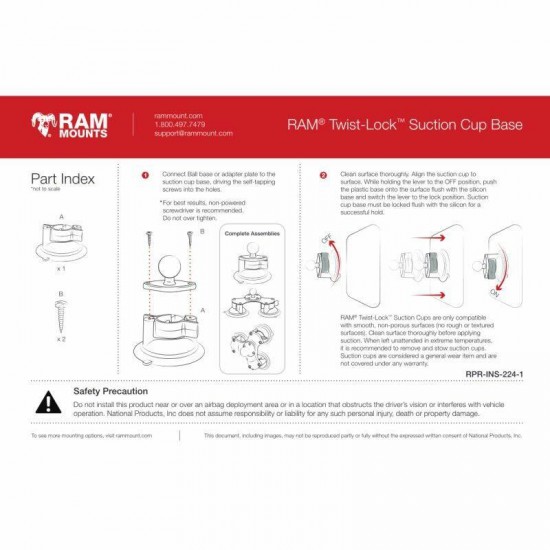 RAM Suction Cup Base - with Diamond Base and Long Arm - ( B Series 1")